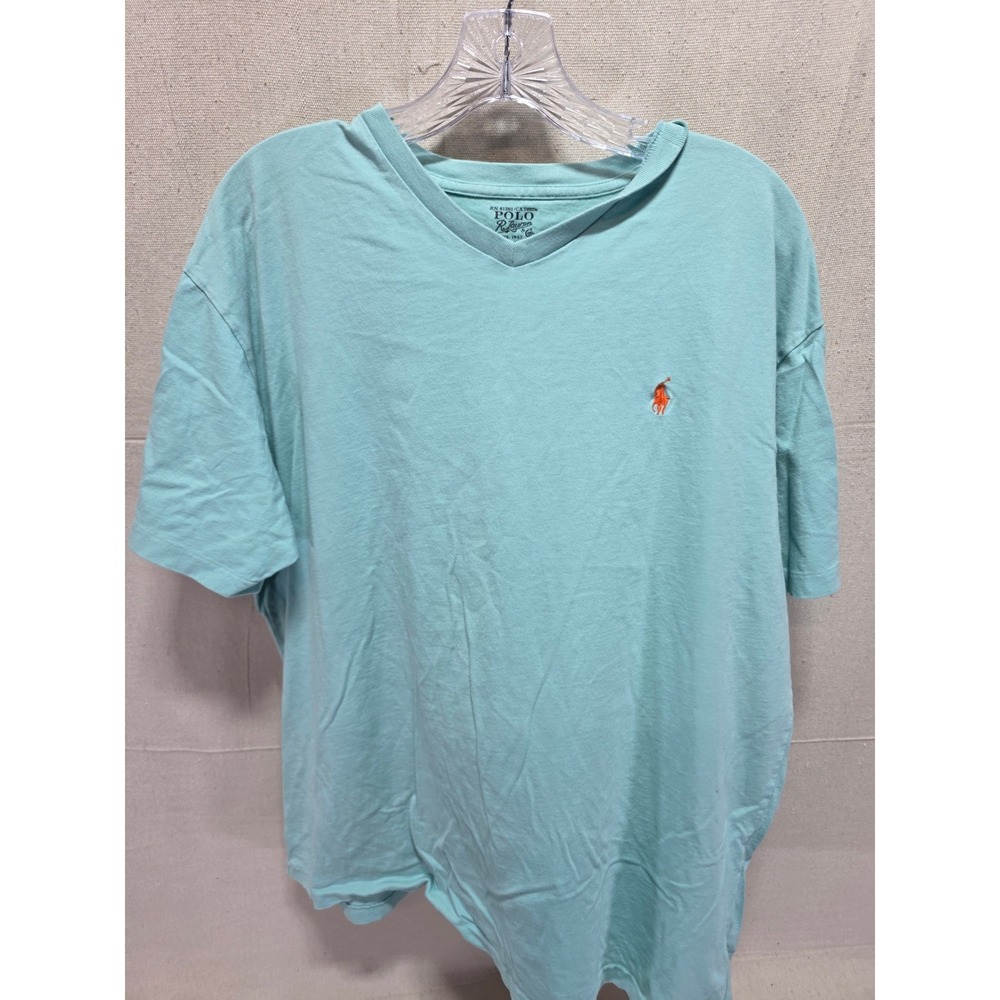 Polo Ralph Lauren Mens V-Neck T-Shirt Aqua Blue Orange Pony Logo Size Large